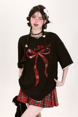 Y2K Butterfly Knot Embroidered Short Sleeve T-Shirt for Women - Summer Loose Fit Sweet Style Top