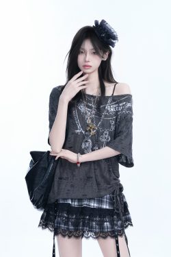 Y2K Butterfly Off-Shoulder Sleeveless T-Shirt - Destructive Feeling Women's Fashion Top for a Trendy Look