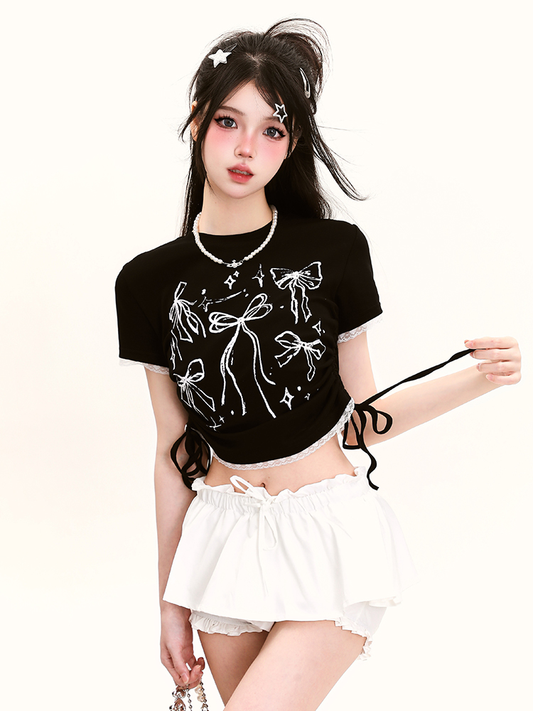 Y2K Butterfly Print Off-Shoulder Short Sleeve T-Shirt for Girls - Summer Fitted Top in Sweet and Spicy Style Y2K Butterfly Print Off-Shoulder Short Sleeve T-Shirt for Girls - Summer Fitted Top in Sweet and Spicy Style