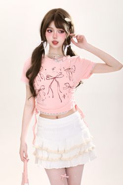 Y2K Butterfly Print Off-Shoulder Short Sleeve T-Shirt for Girls - Summer Fitted Top in Sweet and Spicy Style