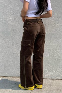 Y2K Cargo Pants with Zipper in Brown and Green - Towel Elastic Material, Trendy Waist-to-Hip Ratio, Urban Street Style