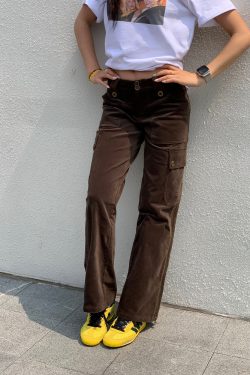 Y2K Cargo Pants with Zipper in Brown and Green - Towel Elastic Material, Trendy Waist-to-Hip Ratio, Urban Street Style