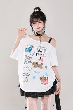 Y2K Cartoon Print Off-Shoulder Lace Short Sleeve T-Shirt for Women - Summer 2025 Sweet and Spicy Loose Casual Top