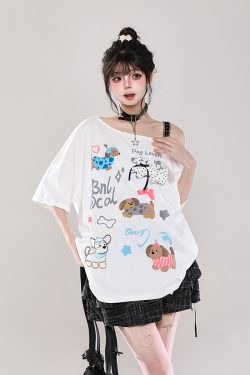 Y2K Cartoon Print Off-Shoulder Lace Short Sleeve T-Shirt for Women - Summer 2025 Sweet and Spicy Loose Casual Top