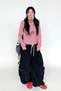 Y2K Color-Block Striped Long Sleeve Tee for Women - Autumn 2024 Trendy Base Top