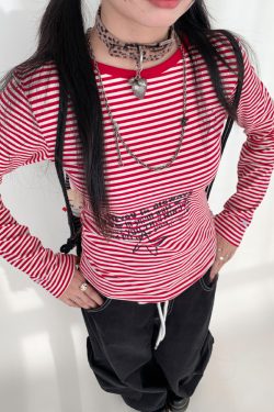 Y2K Color-Block Striped Long Sleeve Tee for Women - Autumn 2024 Trendy Base Top