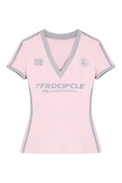 Y2K Color-Blocking Red Cropped T-Shirt for Women - Spicy Girl V-Neck Short Sleeve Slim Fit Summer Top