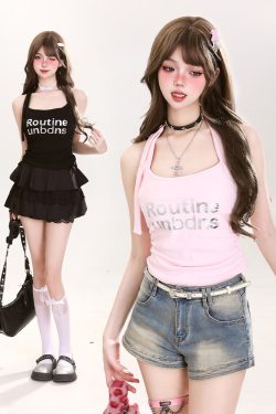 Y2K Halter Neck Sleeveless Summer Tank Top for Women - Hot and Spicy American Style Fashion Essential