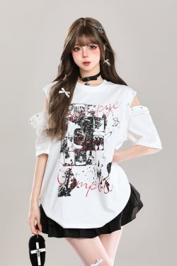 Y2K Off-Shoulder Graffiti Print Short Sleeve T-Shirt for Women - Summer American Style Fashion Top