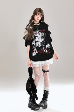 Y2K Off-Shoulder Graffiti Print Short Sleeve T-Shirt for Women - Summer American Style Fashion Top
