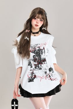 Y2K Off-Shoulder Graffiti Print Short Sleeve T-Shirt for Women - Summer American Style Fashion Top