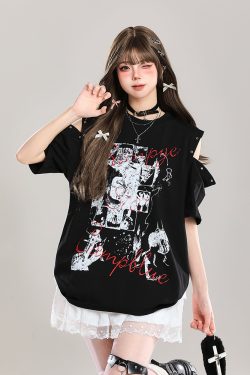Y2K Off-Shoulder Graffiti Print Short Sleeve T-Shirt for Women - Summer American Style Fashion Top