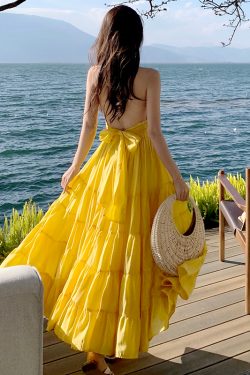 Yellow Backless Beach Vacation Dress, Slimming Long Skirt, French Design, Perfect for Sanya Travel and Summer Getaways