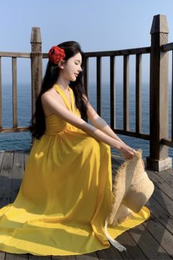 Yellow Backless Halter Dress - Long Beach Skirt for Seaside Vacation - Sexy Summer Style