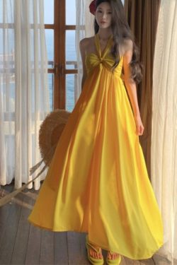 Yellow Backless Halter Dress - Long Beach Skirt for Seaside Vacation - Sexy Summer Style