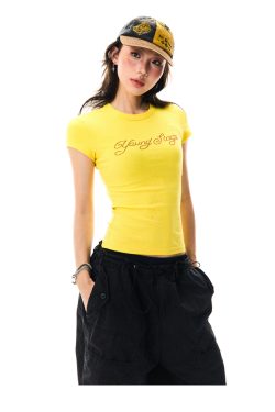 Yellow Rhinestone Short Sleeve T-Shirt for Women, Slim-Fit Cropped Top, Summer Fashion, Trendy Y2K Style