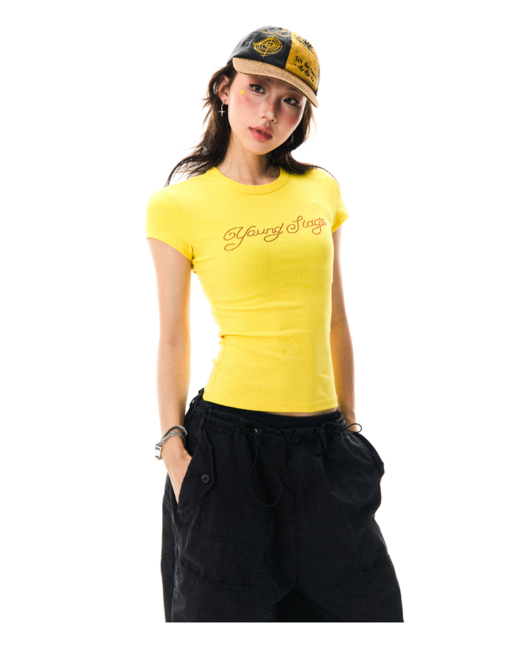 Yellow Rhinestone Short Sleeve T-Shirt for Women, Slim-Fit Cropped Top, Summer Fashion, Trendy Y2K Style Yellow Rhinestone Short Sleeve T-Shirt for Women, Slim-Fit Cropped Top, Summer Fashion, Trendy Y2K Style
