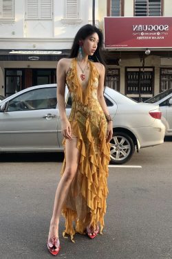 Yellow Ruffled Slim Fit Dress for Women - Summer V-Neck Irregular Skirt, Waist-Defined Hot Girl Style, Perfect for Y2K and 90s Fashion