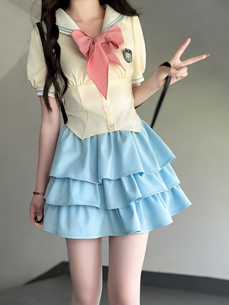 Yellow Short-Sleeve Sailor Suit JK Uniform Set with Waist-Cinching Design - Cute Pudding Bear Inspired Look for Y2K Style Yellow Short-Sleeve Sailor Suit JK Uniform Set with Waist-Cinching Design - Cute Pudding Bear Inspired Look for Y2K Style