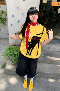 Yellow Short Sleeve T-Shirt for Women - Summer Lazy Cat Print, Loose Fit Round Neck Top, American Style, Casual Everyday Wear