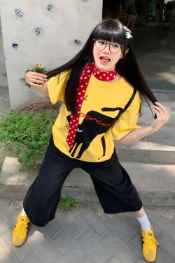 Yellow Short Sleeve T-Shirt for Women - Summer Lazy Cat Print, Loose Fit Round Neck Top, American Style, Casual Everyday Wear