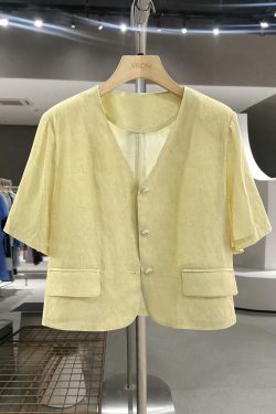 Yellow Small Check Lightweight Suit Jacket for Women, Elegant V-Neck Short Cardigan, 2025 Summer Korean Style Fashion