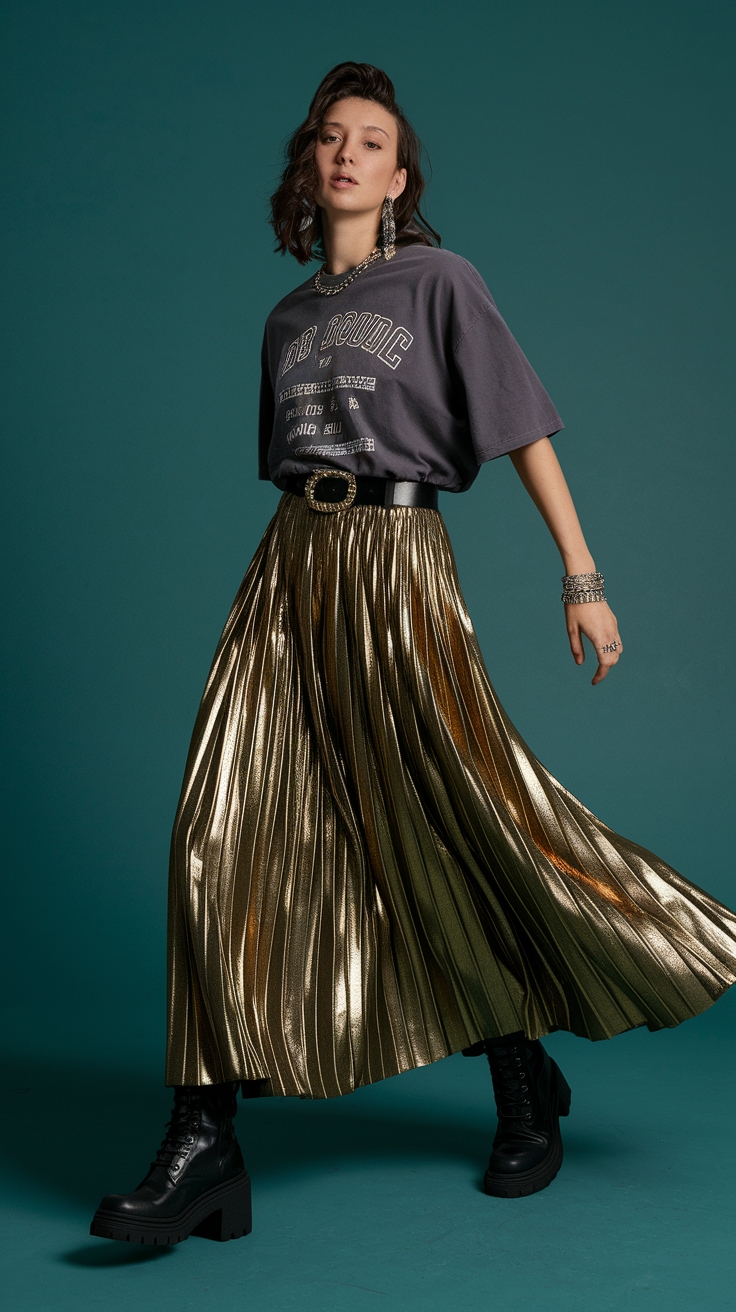 Glam Up with a Metallic Maxi Skirt Outfit outfit idea