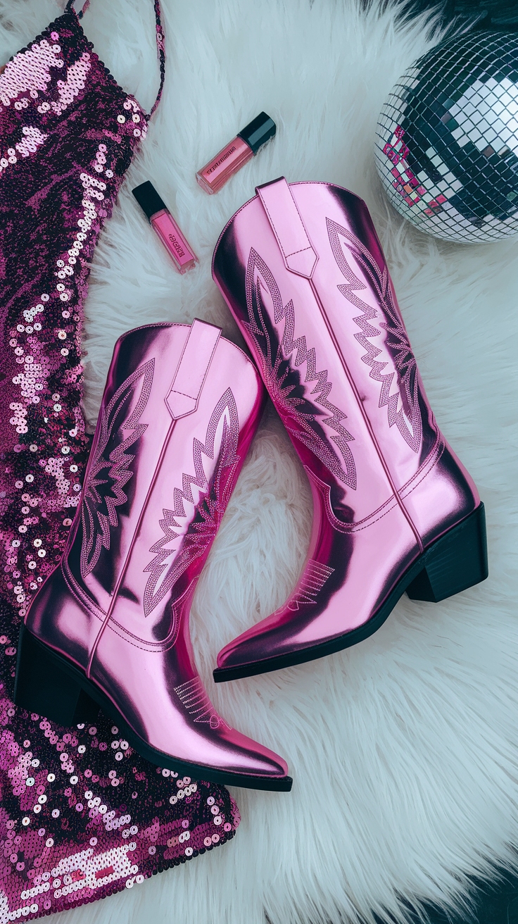Rock Your Look with Metallic Pink Cowboy Boots outfit idea