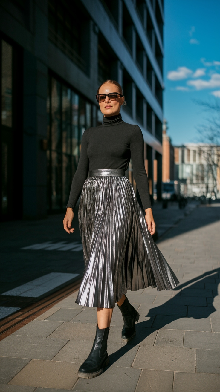 Creative Metallic Pleated Skirt Outfits for Every Event outfit idea