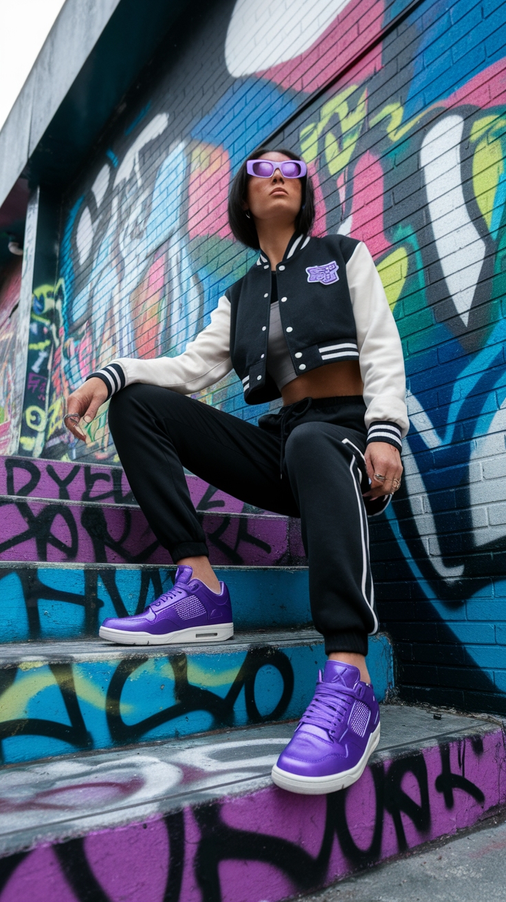 Create a Trendy Metallic Purple Jordan 4s Outfit outfit idea