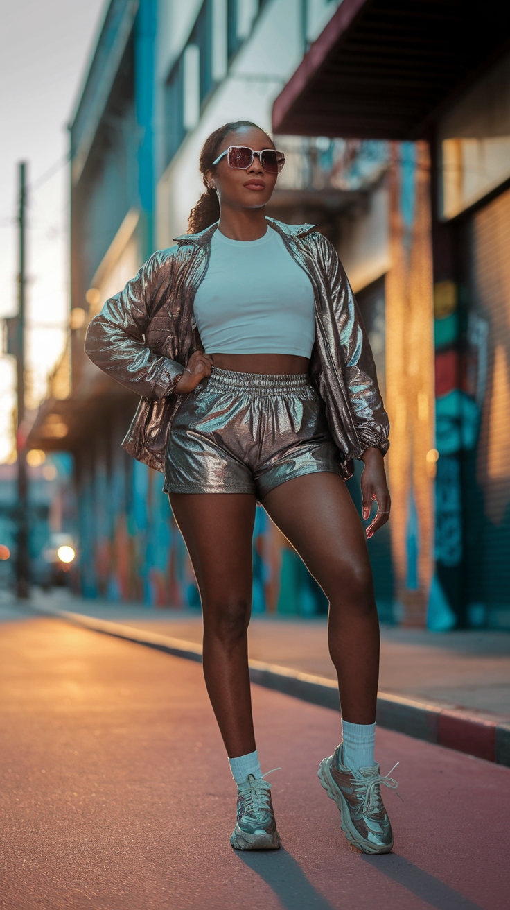 Trendy Metallic Shorts Outfit for Black Women outfit idea