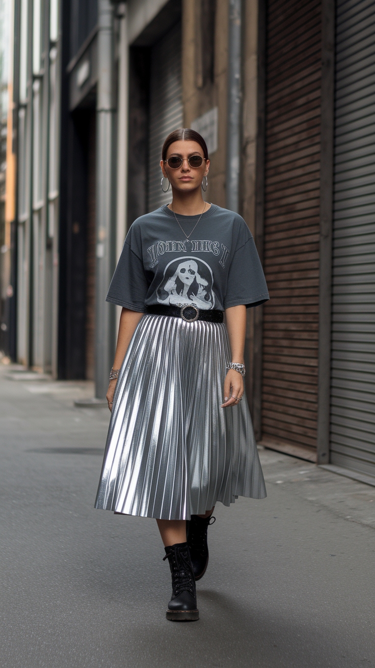 Casual Vibes: Metallic Skirt with Graphic Tee outfit idea