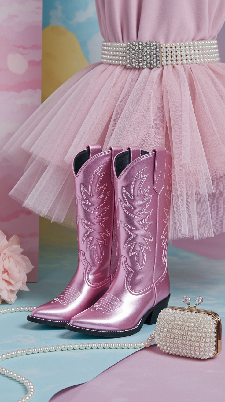 Country Chic: Styling Pink Metallic Cowgirl Boots outfit idea