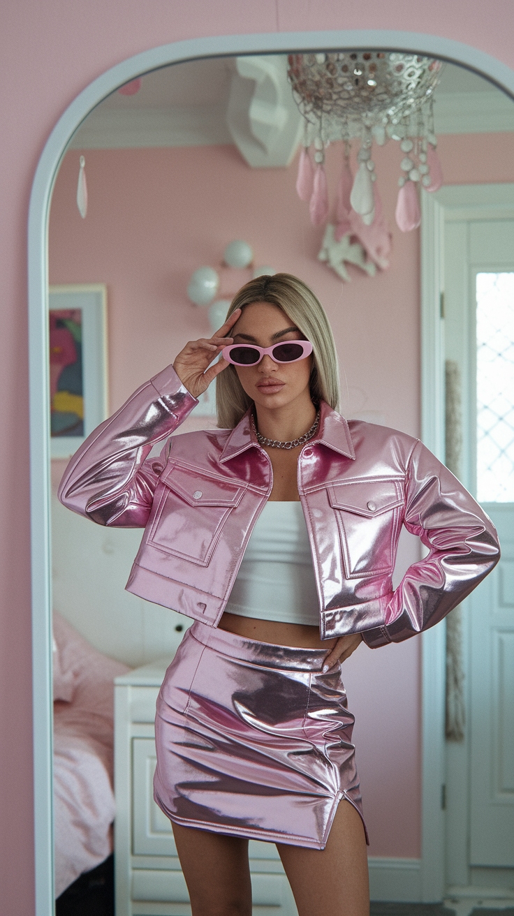 Stand Out in a Pink Metallic Jacket Outfit outfit idea