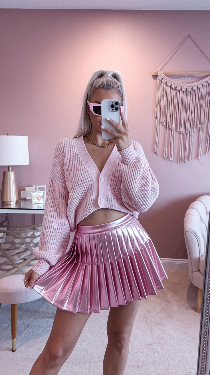 Chic Layers: Pink Metallic Pleated Skirt Outfit Ideas outfit idea