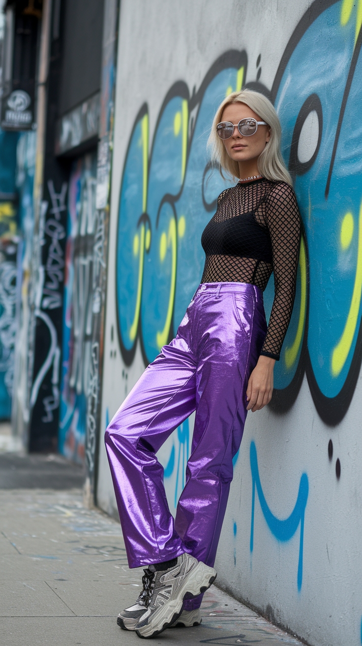 How to Rock Purple Metallic Pants with Confidence outfit idea