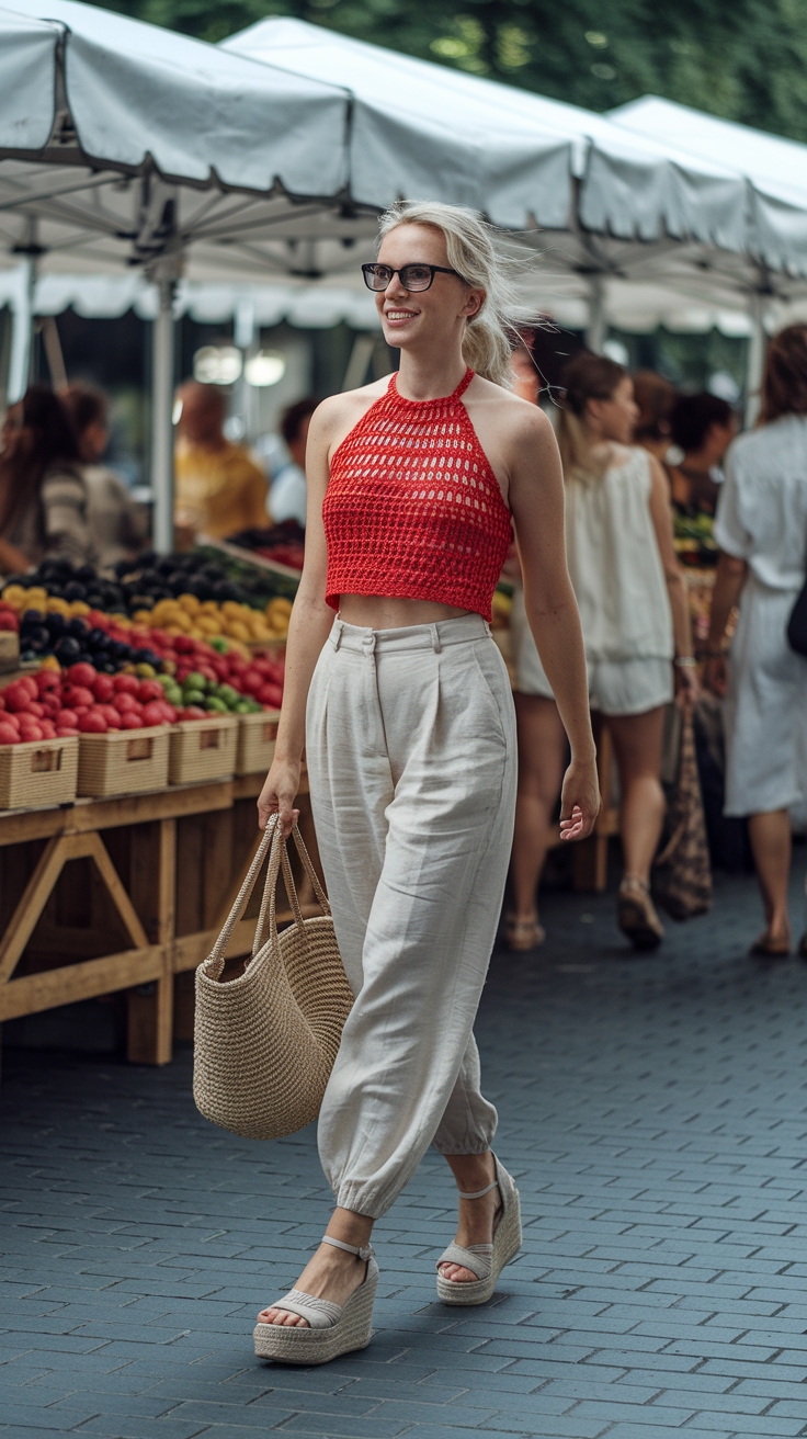 Chic Red Crochet Top Outfit for Warm Days outfit idea