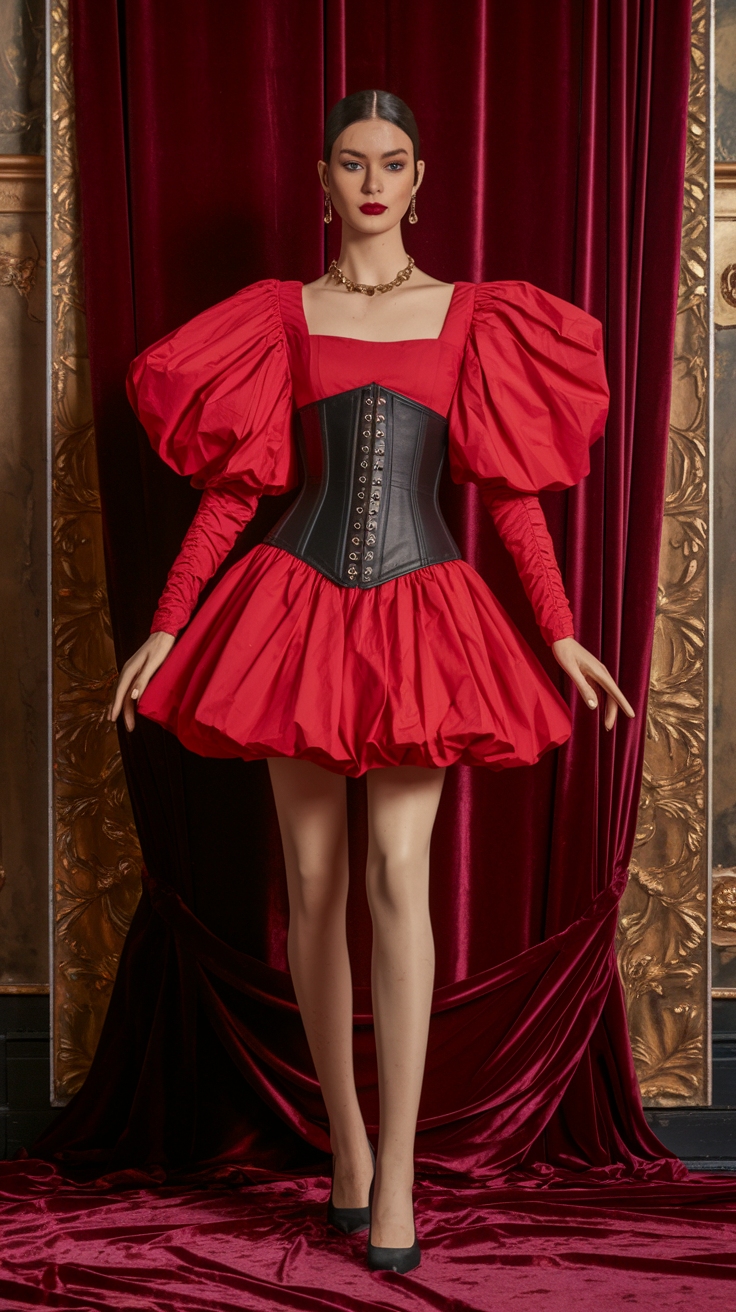 Styling a Red Dress with Black Corset Accents outfit idea