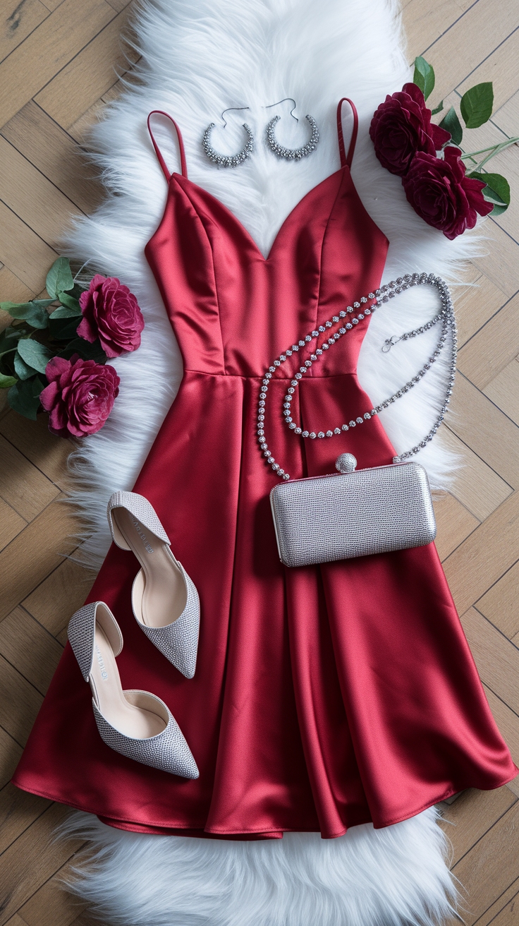 Accessorizing a Red Dress with Silver Accessories outfit idea