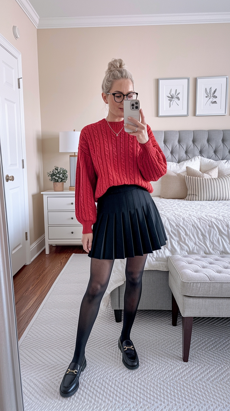 Perfecting the Red Sweater Black Skirt Outfit Look outfit idea