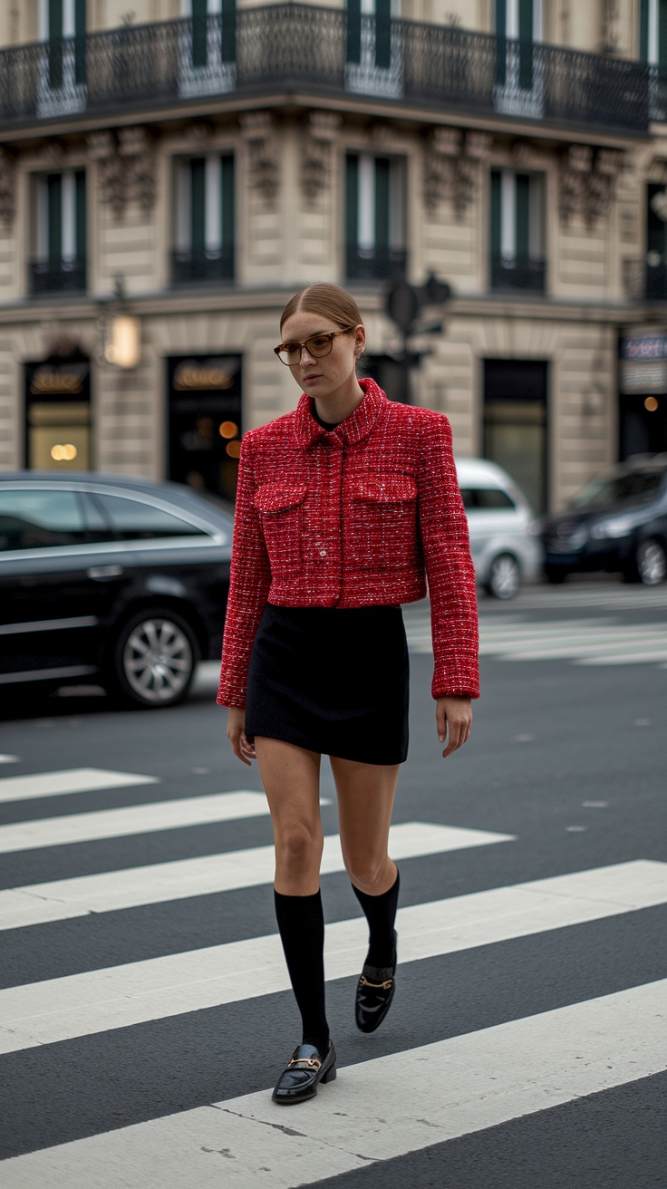 Chic and Sophisticated: Red Tweed Jacket Outfit Tips outfit idea