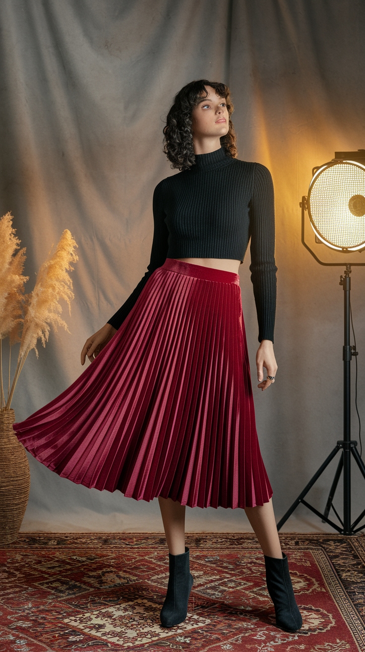How to Wear a Red Velvet Skirt Effortlessly outfit idea