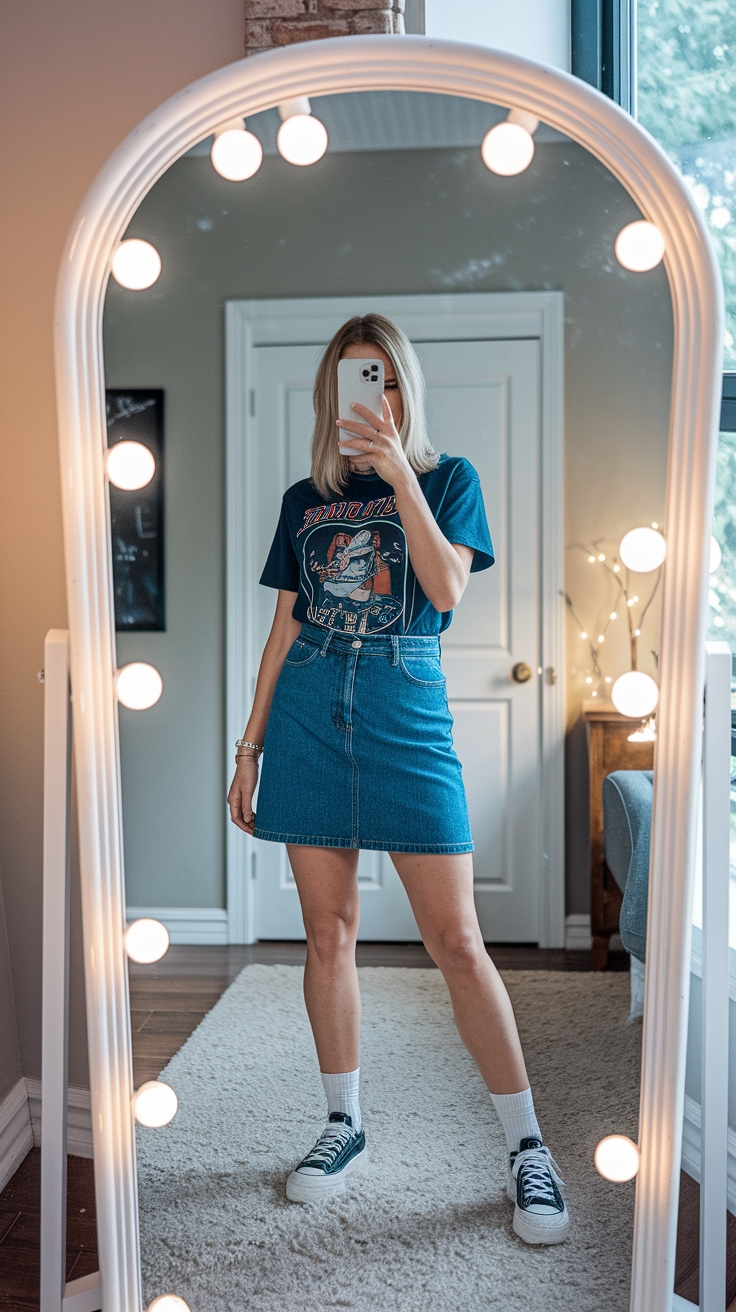 Pairing a Retro Denim Skirt Outfit with Modern Pieces outfit idea