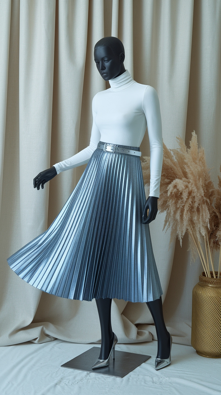 Styling a Silver Metallic Pleated Skirt Outfit outfit idea