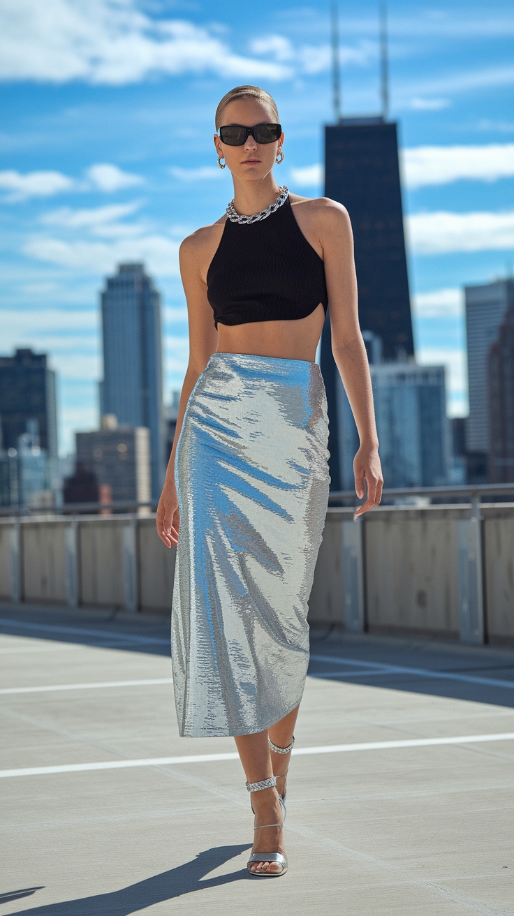 Elevate Your Look with a Silver Metallic Skirt outfit idea