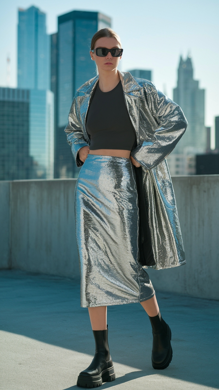 How to Rock a Silver Metallic Skirt Outfit outfit idea