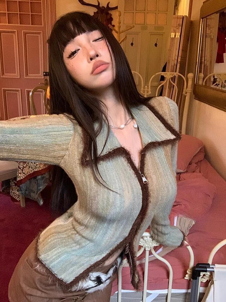 Style Core Aesthetics, New Style Trends - Acubi Fluffy Double Zip-Up Cardigan Style Core Aesthetics, New Style Trends - Acubi Fluffy Double Zip-Up Cardigan