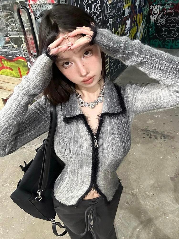 Style Core Aesthetics, New Style Trends - Acubi Fluffy Double Zip-Up Cardigan Style Core Aesthetics, New Style Trends - Acubi Fluffy Double Zip-Up Cardigan