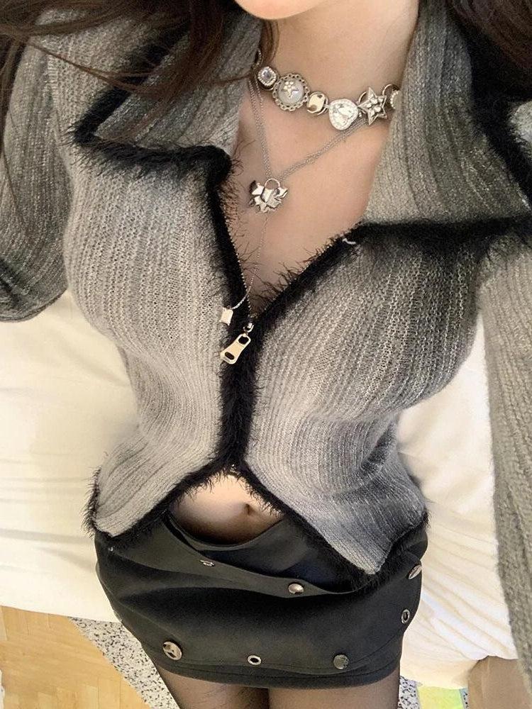 Style Core Aesthetics, New Style Trends - Acubi Fluffy Double Zip-Up Cardigan Style Core Aesthetics, New Style Trends - Acubi Fluffy Double Zip-Up Cardigan