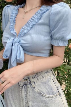 Style Core Aesthetics, New Style Trends - Baby Blue Knot Tie Crop Top